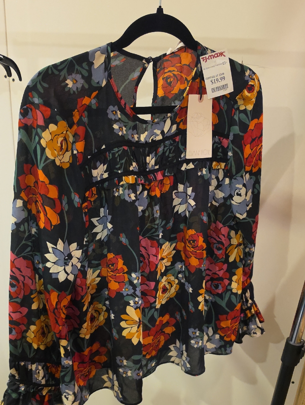 Floral Sheer Ruffle Blouse - Navy Multicolor